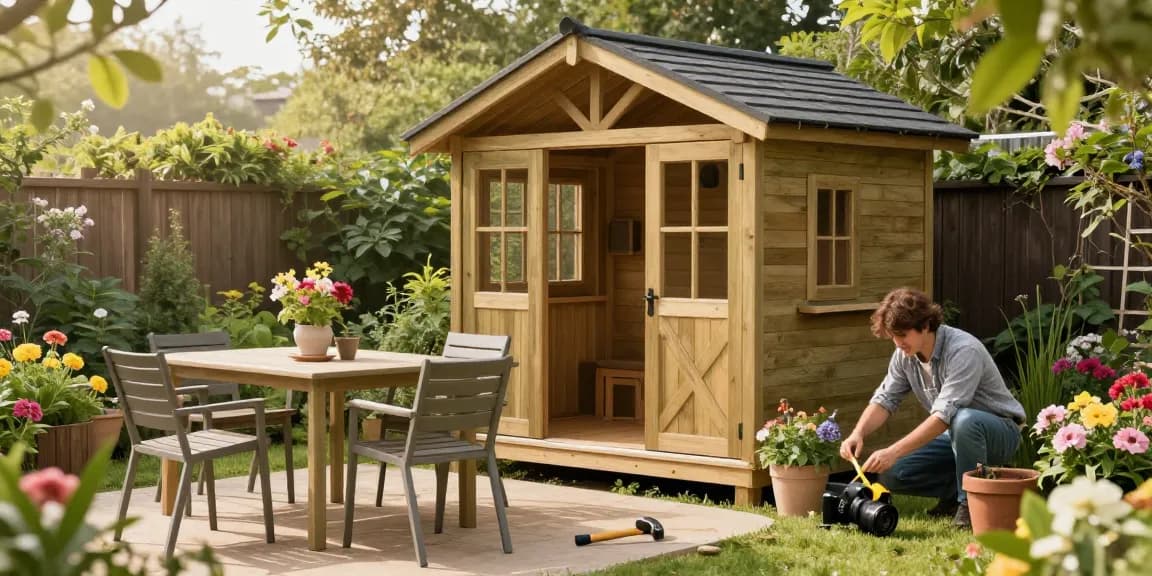 Schönes Gartenhaus Holz mit frischem Blumenbeet und Möbeln im Garten.