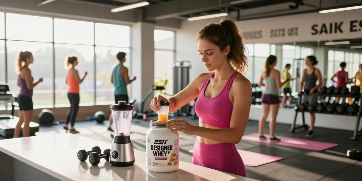 Whey Protein kaufen with ESN Designer Whey protein preparation in a vibrant fitness studio showcasing an athlete's dedication.
