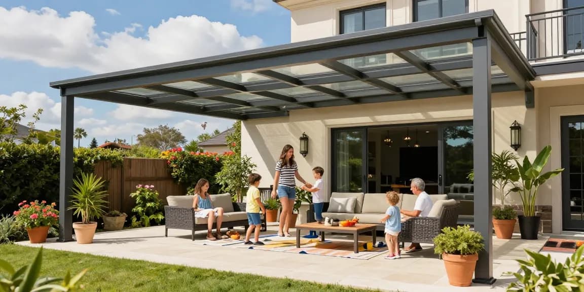 Stylische Terrassenüberdachungen in einer familienfreundlichen Umgebung mit natürlichem Licht.