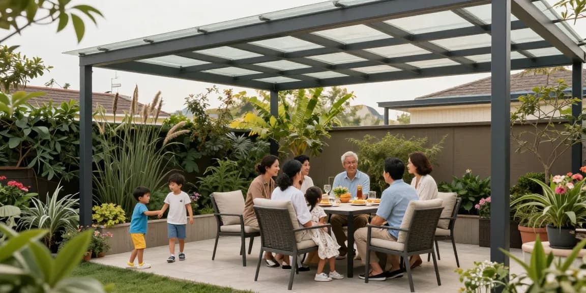 Freistehende Terrassenüberdachung im Garten mit Familie, die unter dem Dach speist.