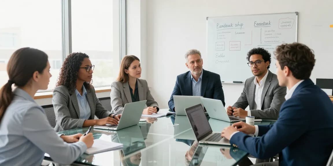 Professionelles Team-Meeting auf der Bewertungsplattform Führung mit Führungskräften zur Entwicklung von Strategien.