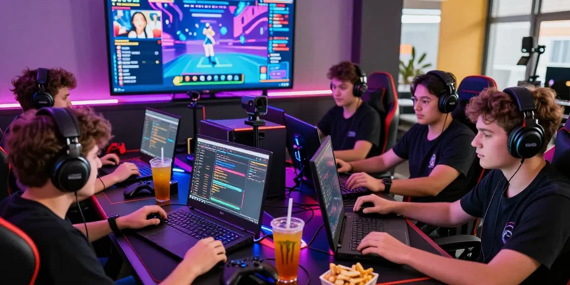 Twitch Follower kaufen - Junges Team streamt begeistert mit buntem Setup und aktiver Chat-Interaktion.