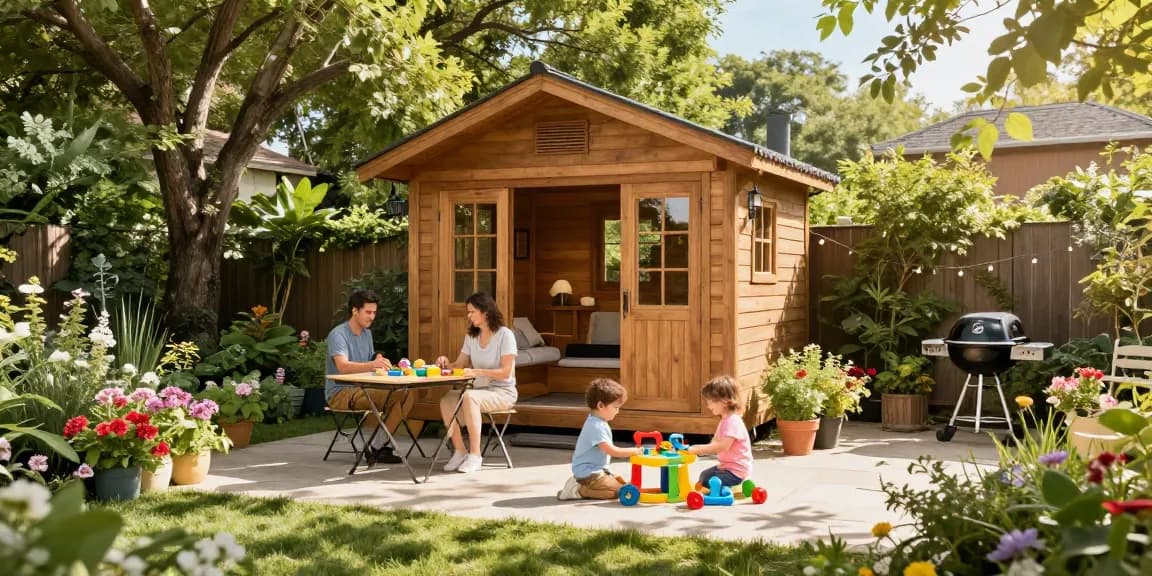 Gartenhäuser: Gemütliche Familienszene mit einem Holz Gartenhaus und fröhlichen Kindern